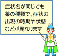 症状名が同じでも薬の種類で、症状の出現の時期や状態などが異なります